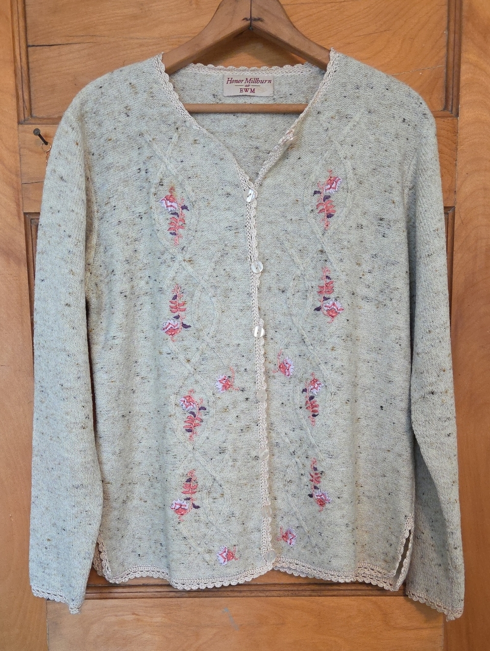 Vintage Honor Millburn Edinburgh Wool Cardigan With Hand-Sewn Floral Details